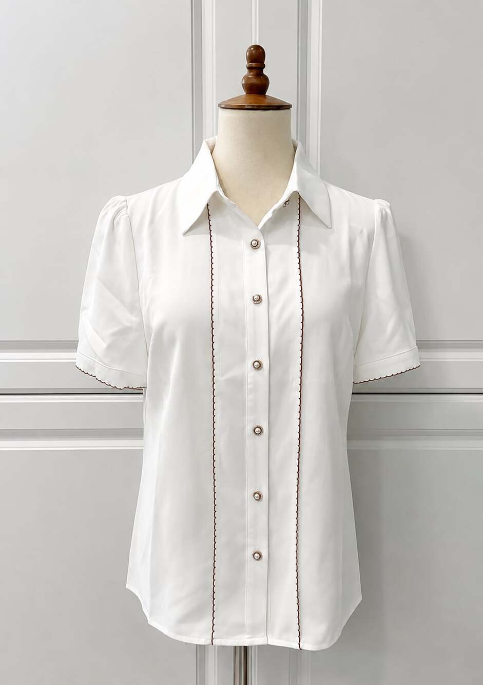 Allegra K Pearl Buttons Short Sleeves Collared Contrast Trim Casual Blouse